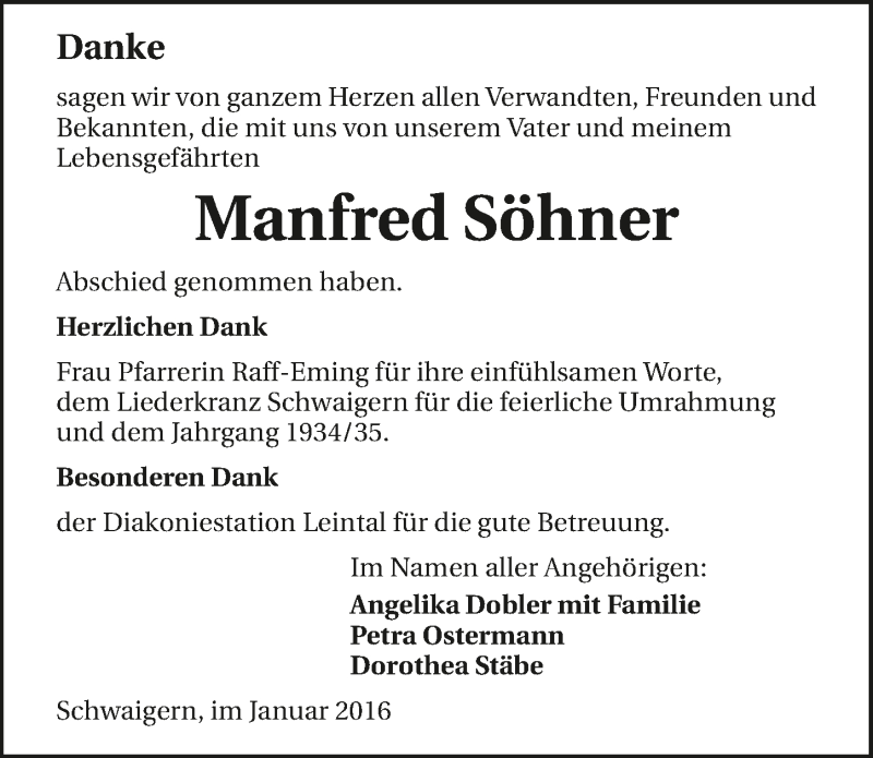  Traueranzeige für Manfred Söhner vom 29.01.2016 aus 