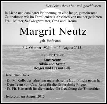 Traueranzeige von Margrit Neutz 