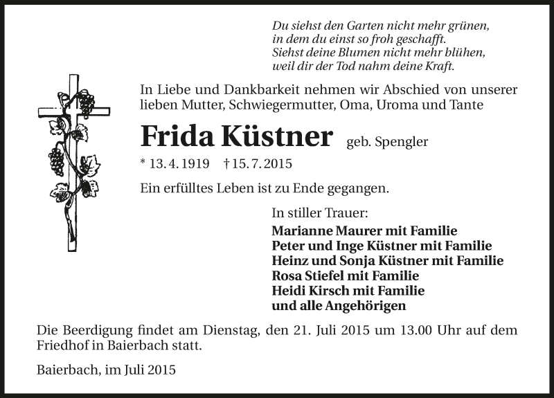  Traueranzeige für Frida Küstner vom 18.07.2015 aus 