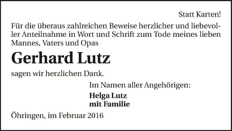  Traueranzeige für Gerhard Lutz vom 01.02.2016 aus 