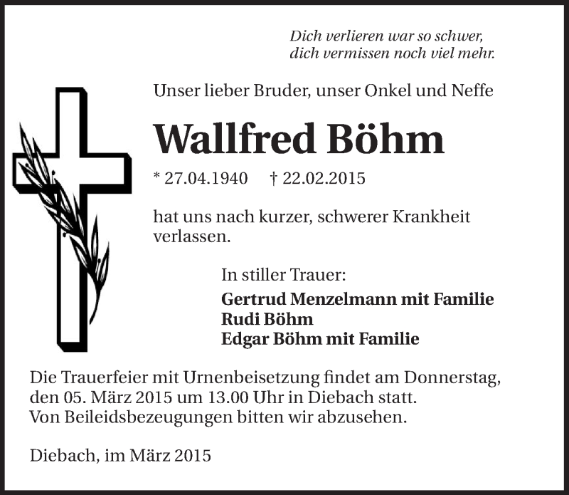 Traueranzeige für Wallfred Böhm vom 03.03.2015 aus 
