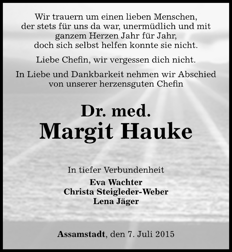  Traueranzeige für Margit Hauke vom 07.07.2015 aus 