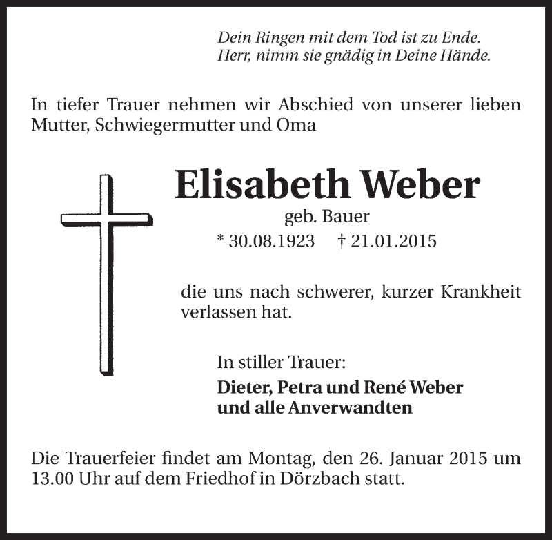  Traueranzeige für Elisabeth Weber vom 22.01.2015 aus 