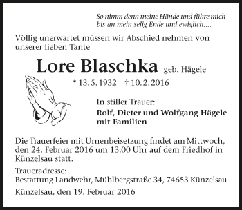 Traueranzeige von Lore Blaschka 