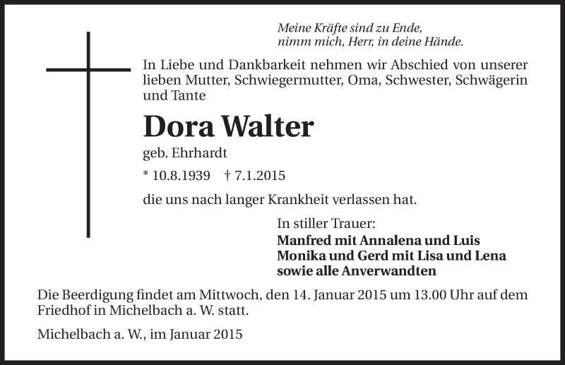  Traueranzeige für Dora Walter vom 12.01.2015 aus 