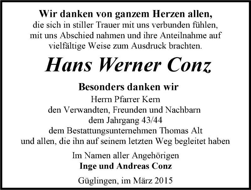  Traueranzeige für Hans Werner Conz vom 01.04.2015 aus 