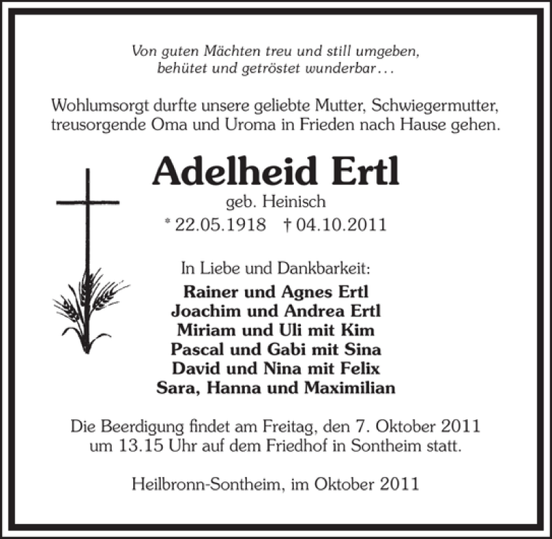  Traueranzeige für Adelheid Ertl vom 05.10.2011 aus 