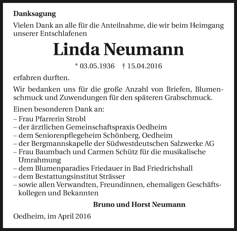  Traueranzeige für Linda Neumann vom 29.04.2016 aus 