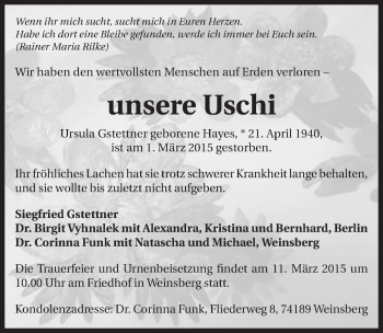 Traueranzeige von Ursula Gstettner 