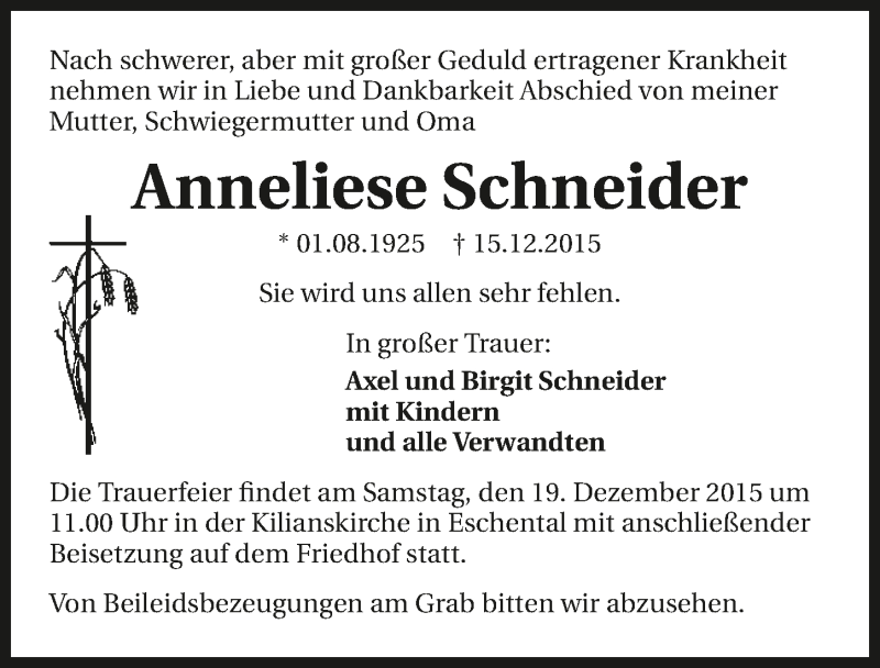  Traueranzeige für Anneliese Schneider vom 18.12.2015 aus 
