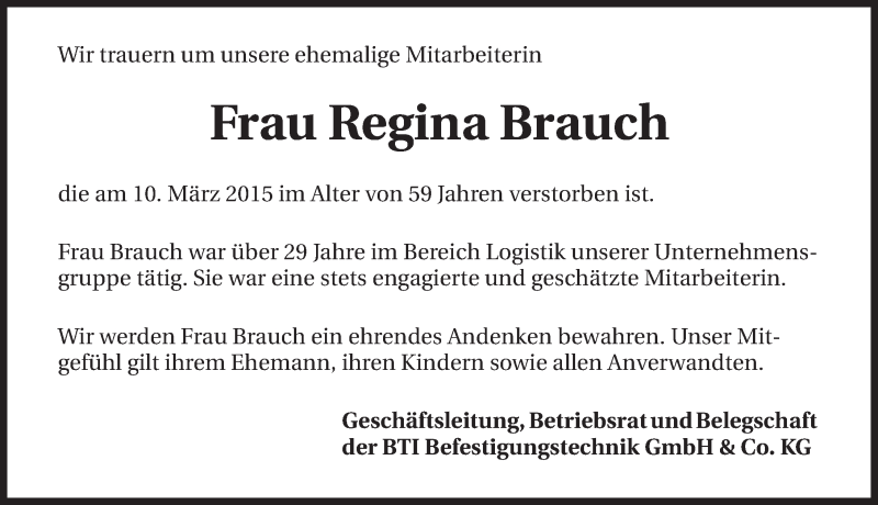  Traueranzeige für Regina Brauch vom 13.03.2015 aus 
