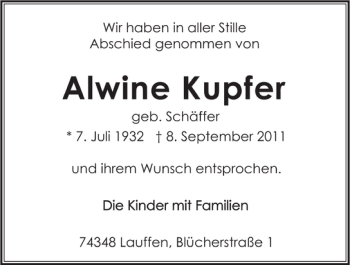 Traueranzeige von Alwine Kupfer 