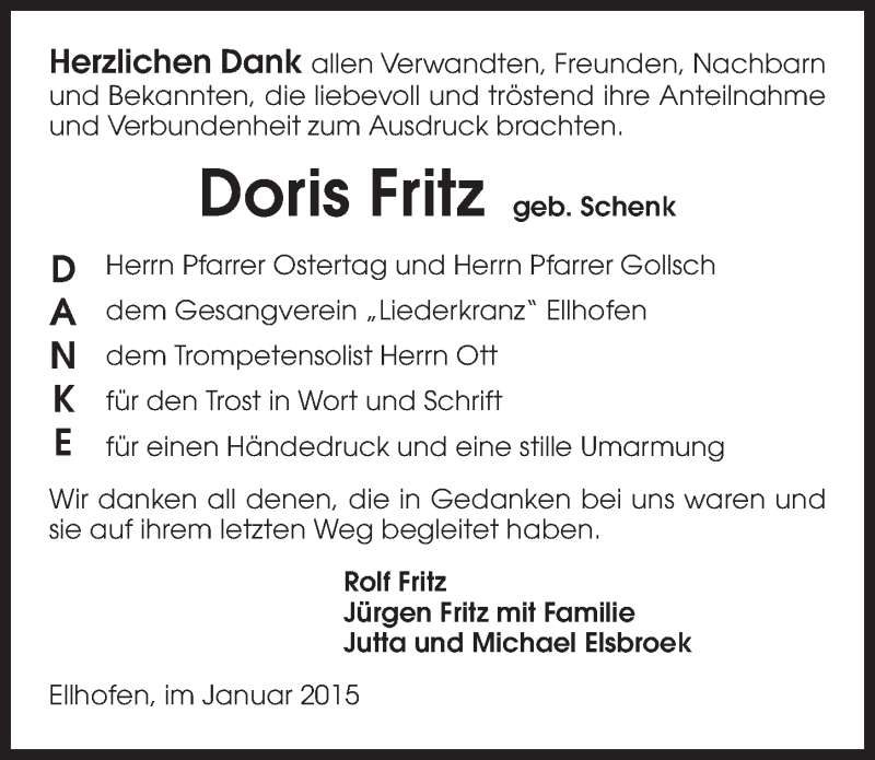  Traueranzeige für Doris Fritz vom 12.01.2015 aus 