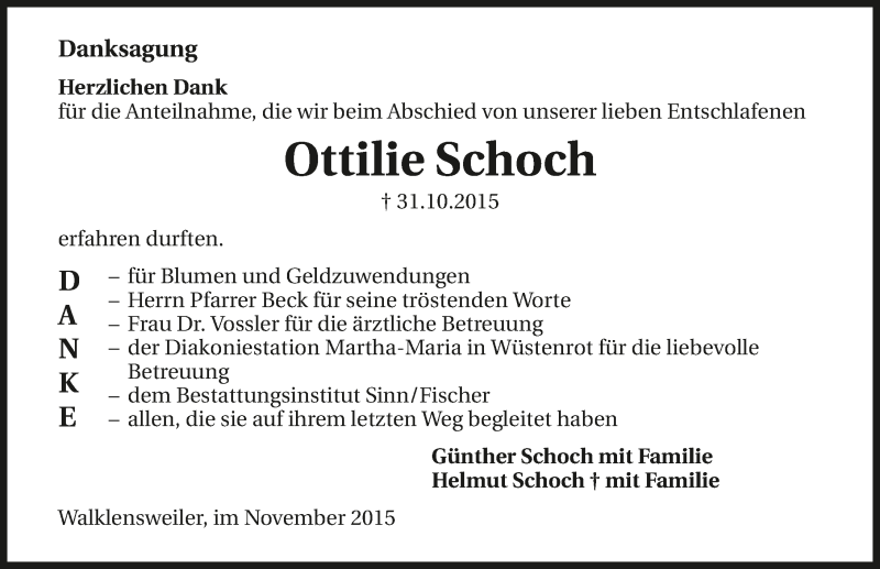  Traueranzeige für Ottilie Schoch vom 21.11.2015 aus 