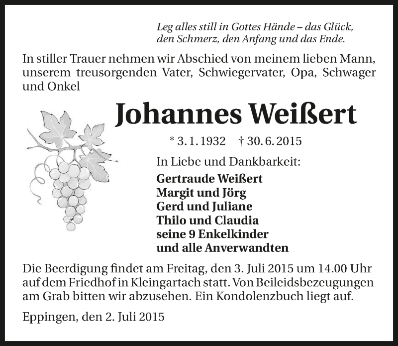  Traueranzeige für Johannes Weißert vom 02.07.2015 aus 