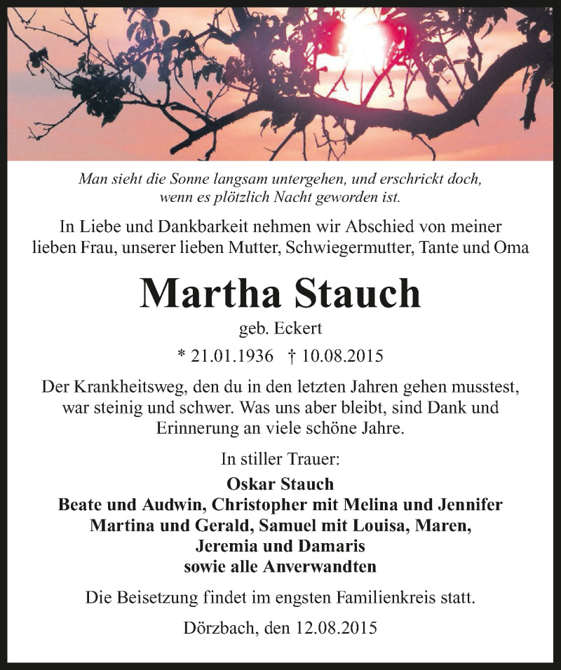  Traueranzeige für Martha Stauch vom 12.08.2015 aus 