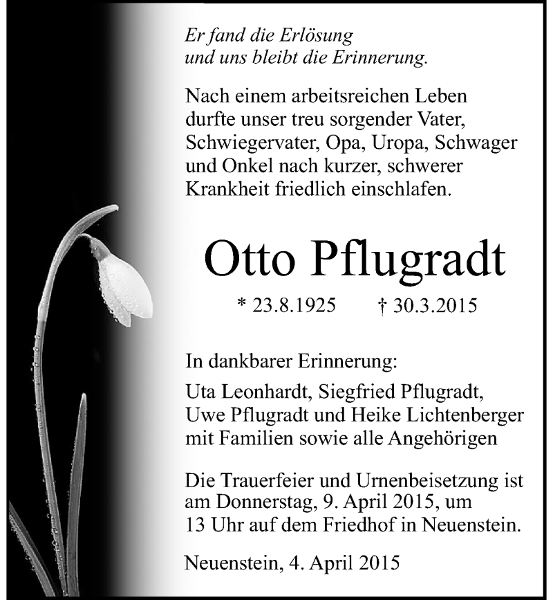  Traueranzeige für Otto Pflugradt vom 04.04.2015 aus 