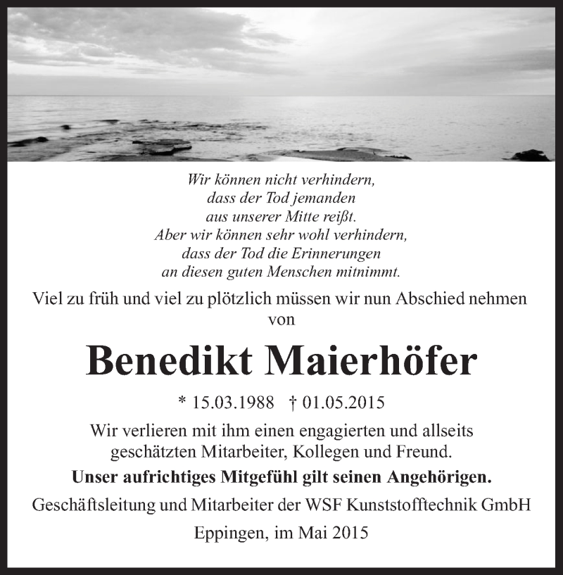  Traueranzeige für Benedikt Maierhöfer vom 06.05.2015 aus 