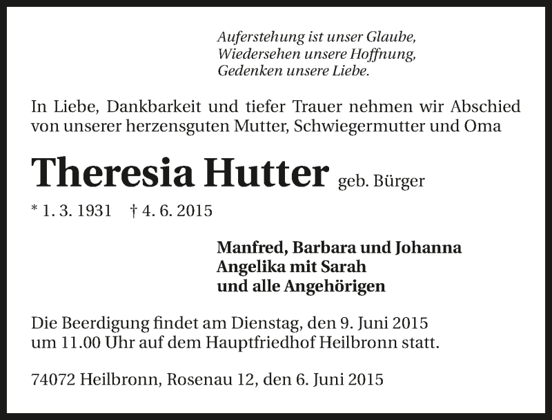  Traueranzeige für Theresia Hutter vom 06.06.2015 aus 