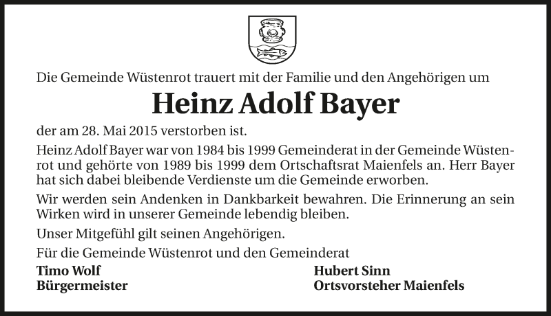  Traueranzeige für Heinz Adolf Bayer vom 02.06.2015 aus 