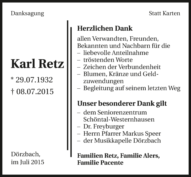  Traueranzeige für Karl Retz vom 20.07.2015 aus 