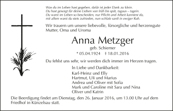 Traueranzeige von Anna Metzger 
