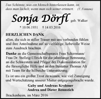 Traueranzeige von Sonja Dörfl 