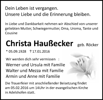 Traueranzeige von Christa Haußecker 