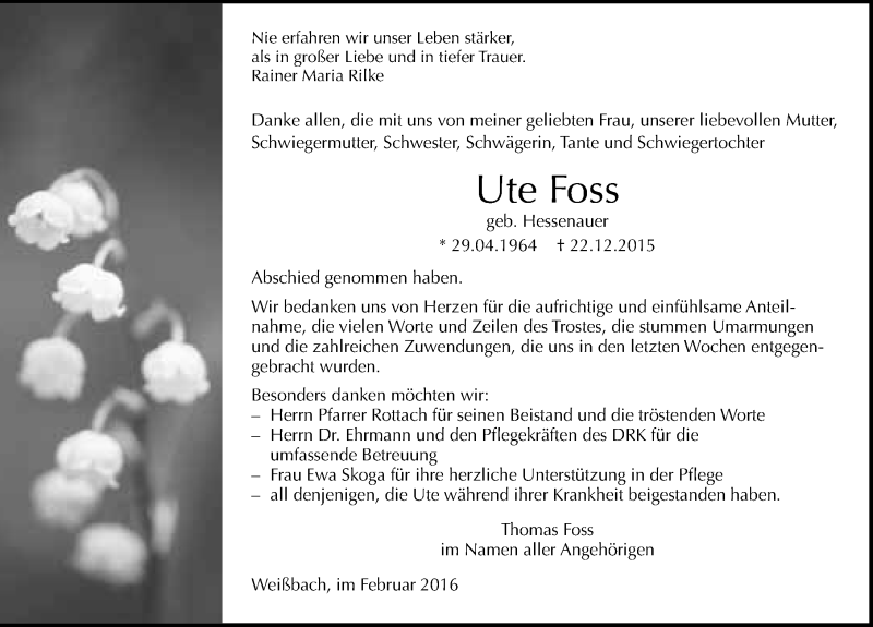  Traueranzeige für Ute Foss vom 10.02.2016 aus 