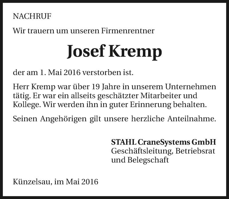  Traueranzeige für Josef Kremp vom 03.05.2016 aus 