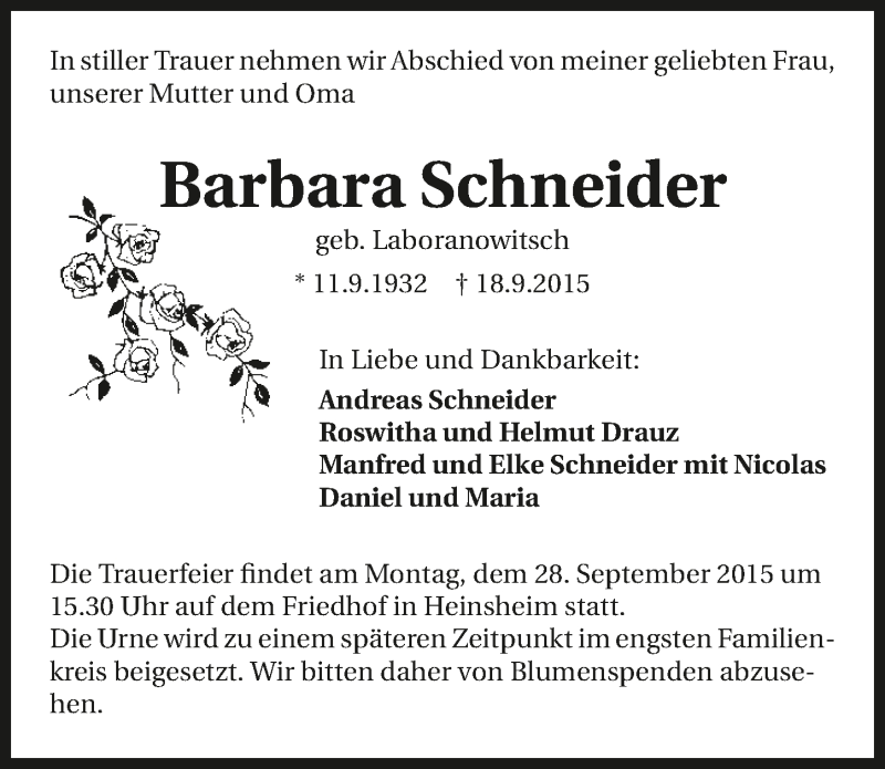  Traueranzeige für Barbara Schneider vom 24.09.2015 aus 