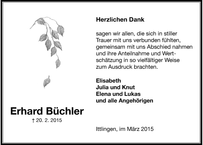  Traueranzeige für Erhard Büchler vom 28.03.2015 aus 