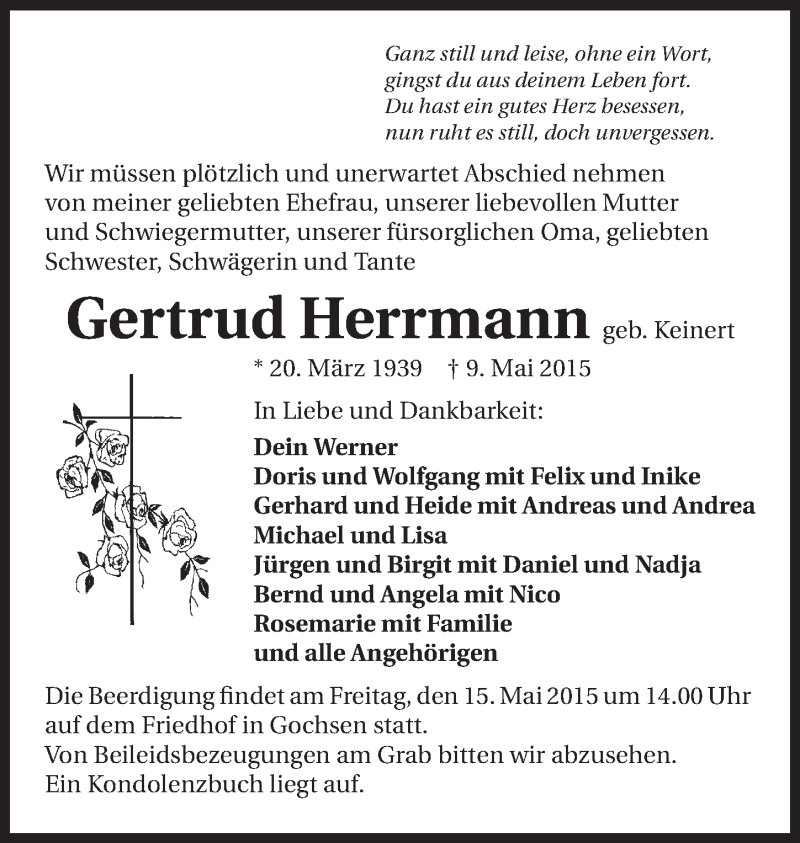  Traueranzeige für Gertrud Herrmann vom 13.05.2015 aus 