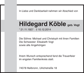 Traueranzeige von Hildegard Köble 