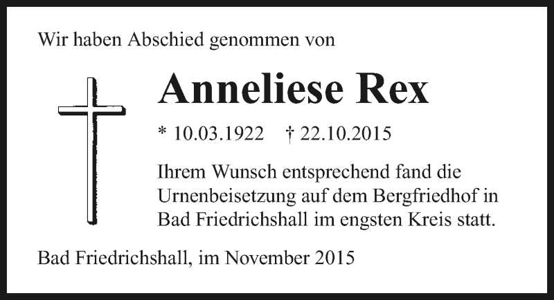  Traueranzeige für Anneliese Rex vom 12.11.2015 aus 