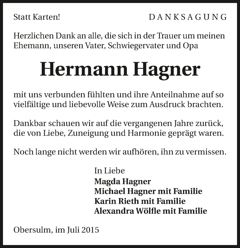  Traueranzeige für Hermann Hagner vom 11.07.2015 aus 