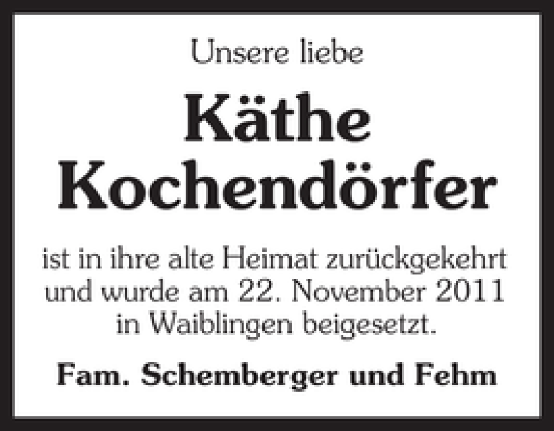  Traueranzeige für Käthe Kochendörfer vom 23.11.2011 aus 