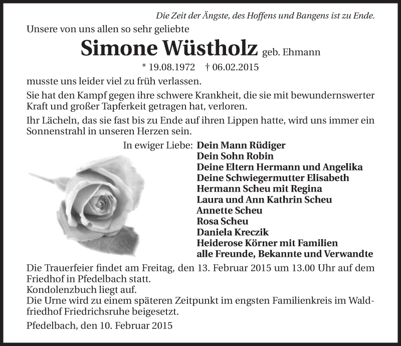  Traueranzeige für Simone Wüstholz vom 10.02.2015 aus 