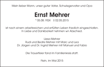Traueranzeige von Ernst Mehrer 