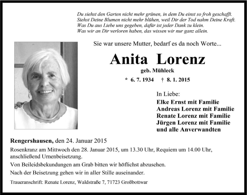  Traueranzeige für Anita Lorenz vom 24.01.2015 aus 