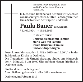 Traueranzeige von Paula Bauer 