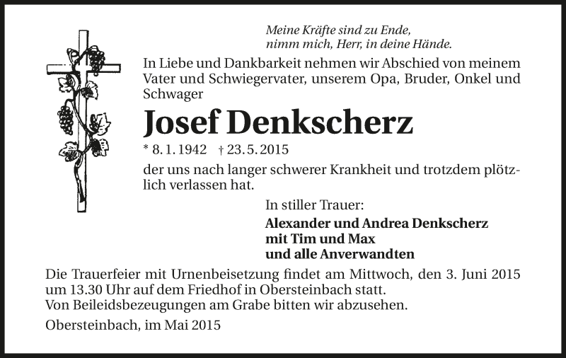  Traueranzeige für Josef Denkscherz vom 30.05.2015 aus 