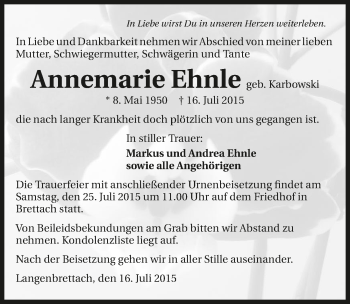 Traueranzeige von Annemarie Ehnle 