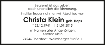 Traueranzeige von Christa Klein 