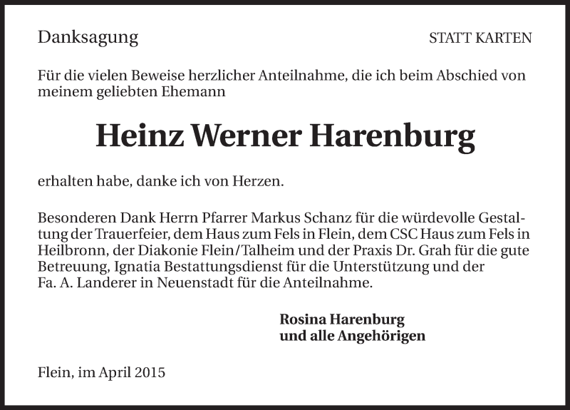  Traueranzeige für Werner Harenburg vom 25.04.2015 aus 
