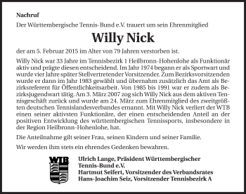 Traueranzeige von Willy Nick 
