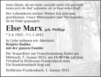 Traueranzeige von Else Marx 