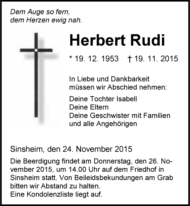  Traueranzeige für Herbert Rudi vom 24.11.2015 aus 