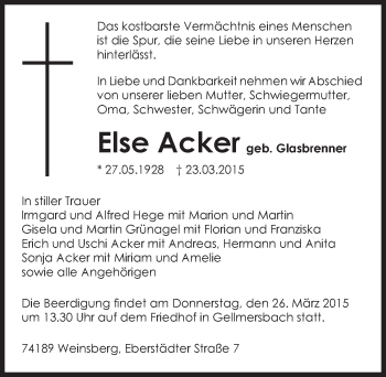 Traueranzeige von Else Acker 
