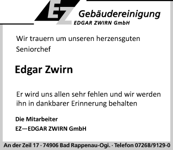 Traueranzeige von Edgar Zwirn 